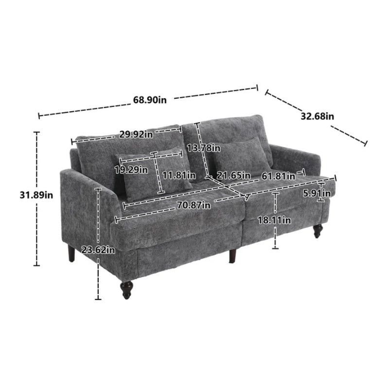 Mid Century Modern Chenille Fabric Loveseat Sofa, 2-Seat Upholstered Couch, Brown Wood Feet, Gray Chenille-海智集-Default-