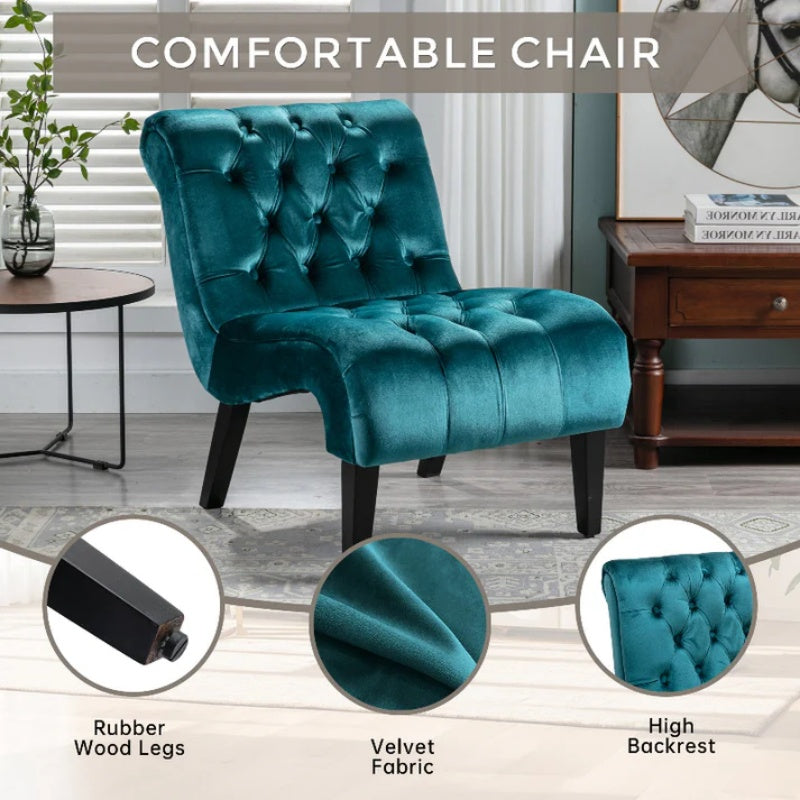 COOLMORE Modern Velvet Armless Accent Living Room Chair / Leisure Chair,Upholstered Fabric Button Comfortable Chair with Wooden Legs for Bedroom, Living Room, Office (Teal Velvet)-海智集-Default-