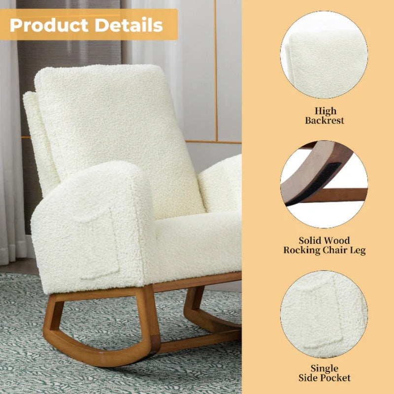 COOLMORE Rocking Chair, Modern Glider Chair, Recliner Armchair with Wood Legs and Side Pocket, Nursery Rocking Accent Chair with High Back for Living Room Bedroom (White Teddy)-海智集-Default-