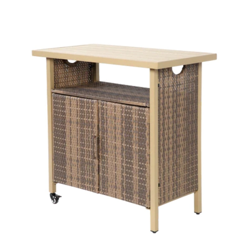 Outdoor Wicker Bar Cart, Patio Wine Serving Cart w/Wheels , Rolling Rattan Beverage Bar Counter Table w/Glass Top for Porch Backyard Garden Poolside Party, Light brown-海智集-Default-