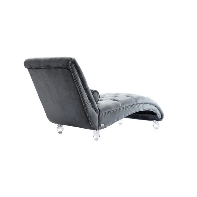 Velvet Chaise Lounge Indoor, Button-Tufted Upholstered Chaise Lounge Chair with Pillow, Silver Velvet, 63.98 Inches-海智集-Default-