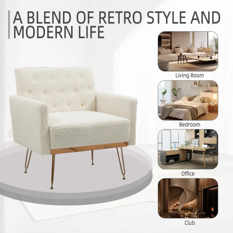 COOLMORE Armchair Single Sofa Modern Tufted Upholstered Side Reading Chairs with Arm and Gold Metal Leg for Living Room Bedroom (White teddy )-海智集-Default-