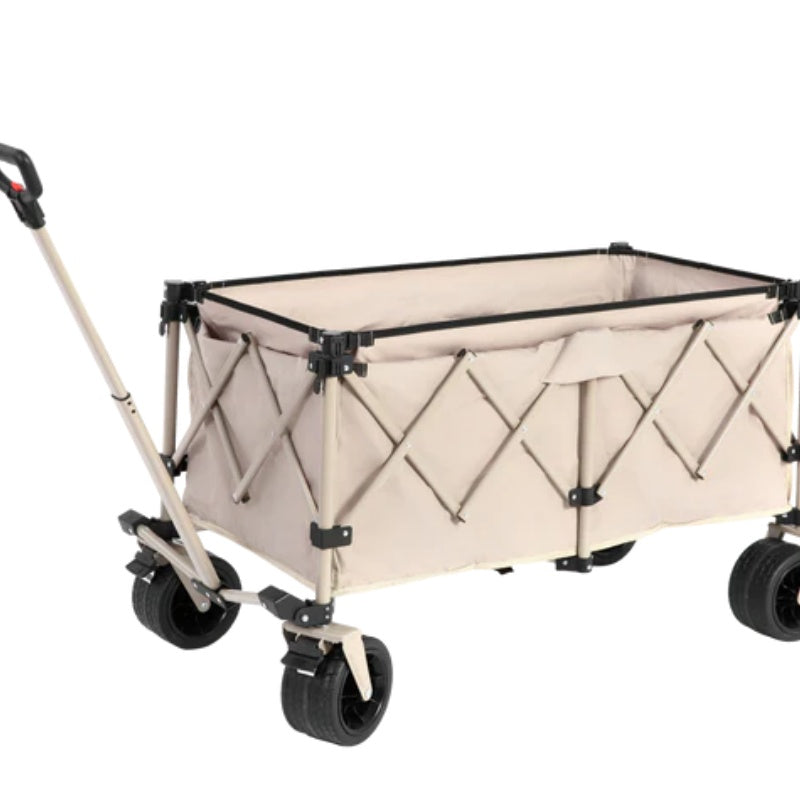 Beach Wagon,Collapsible Wagon 220lbs with Big Wheels Foldable Wagon Carts, Heavy Duty 300L Folding Utility Garden Cart with Big All-Terrain Beach Wheels & Drink Holders. Beige-海智集-Default-