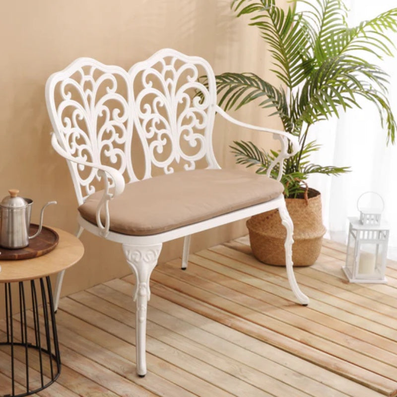 Patio Garden Bench Metal Park Bench Cast Aluminum Outdoor Furniture with Floral Rose for Patio,Park,Lawn,Yard with cushion white-海智集-Default-