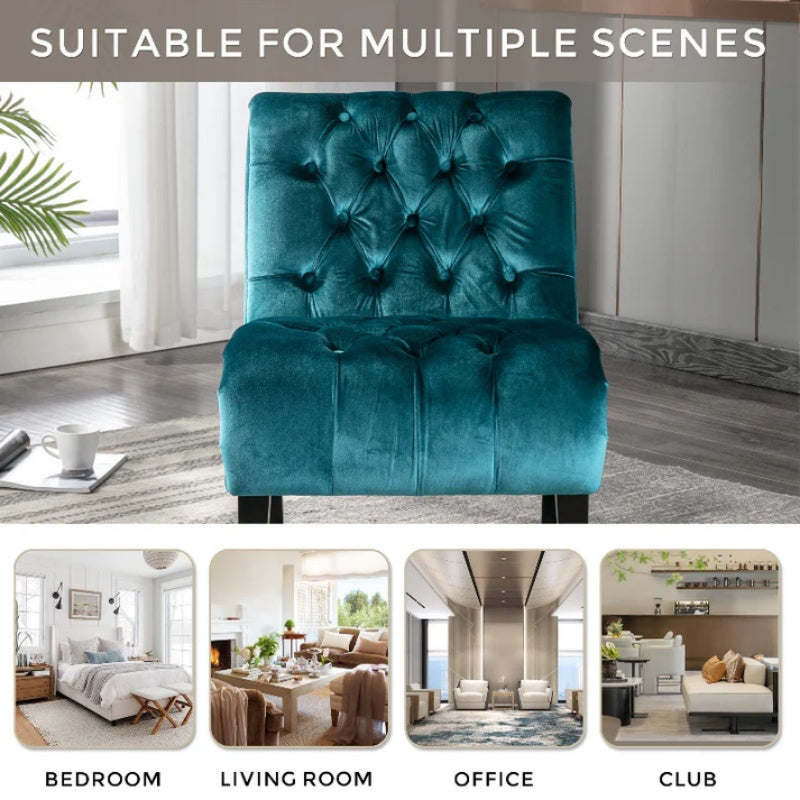 COOLMORE Modern Velvet Armless Accent Living Room Chair / Leisure Chair,Upholstered Fabric Button Comfortable Chair with Wooden Legs for Bedroom, Living Room, Office (Teal Velvet)-海智集-Default-