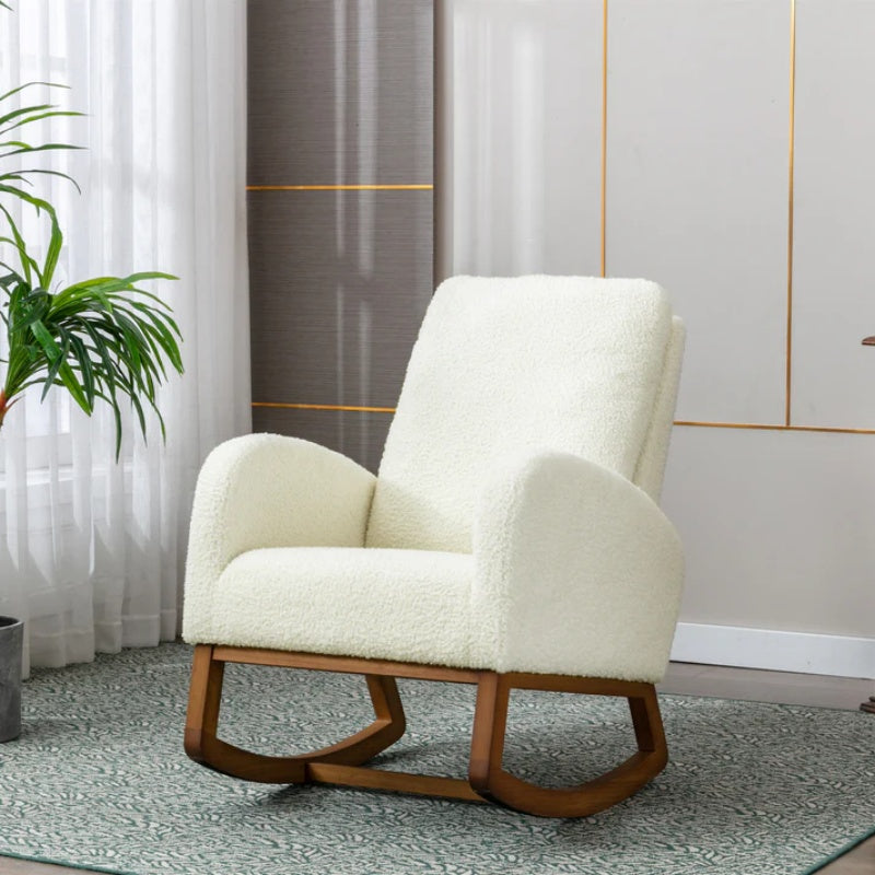 COOLMORE Rocking Chair, Modern Glider Chair, Recliner Armchair with Wood Legs and Side Pocket, Nursery Rocking Accent Chair with High Back for Living Room Bedroom (White Teddy)-海智集-Default-