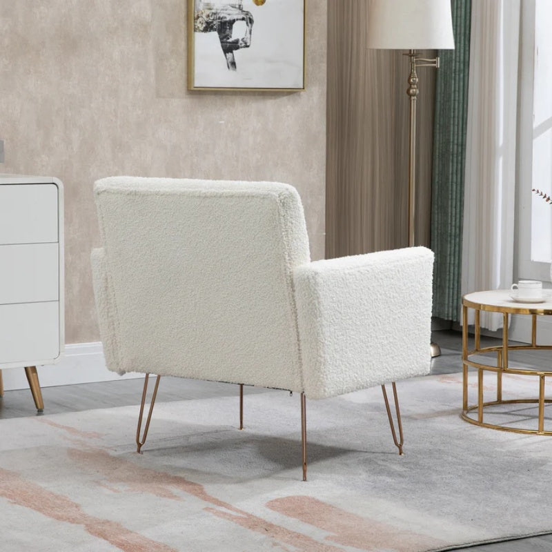 COOLMORE Armchair Single Sofa Modern Tufted Upholstered Side Reading Chairs with Arm and Gold Metal Leg for Living Room Bedroom (White teddy )-海智集-Default-