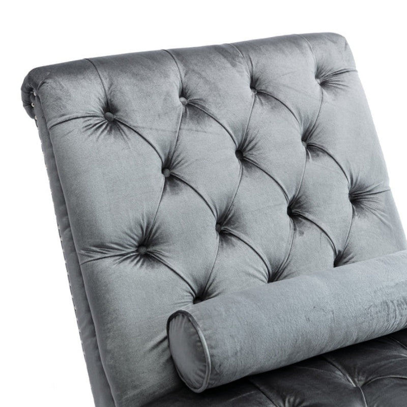 Velvet Chaise Lounge Indoor, Button-Tufted Upholstered Chaise Lounge Chair with Pillow, Silver Velvet, 63.98 Inches-海智集-Default-
