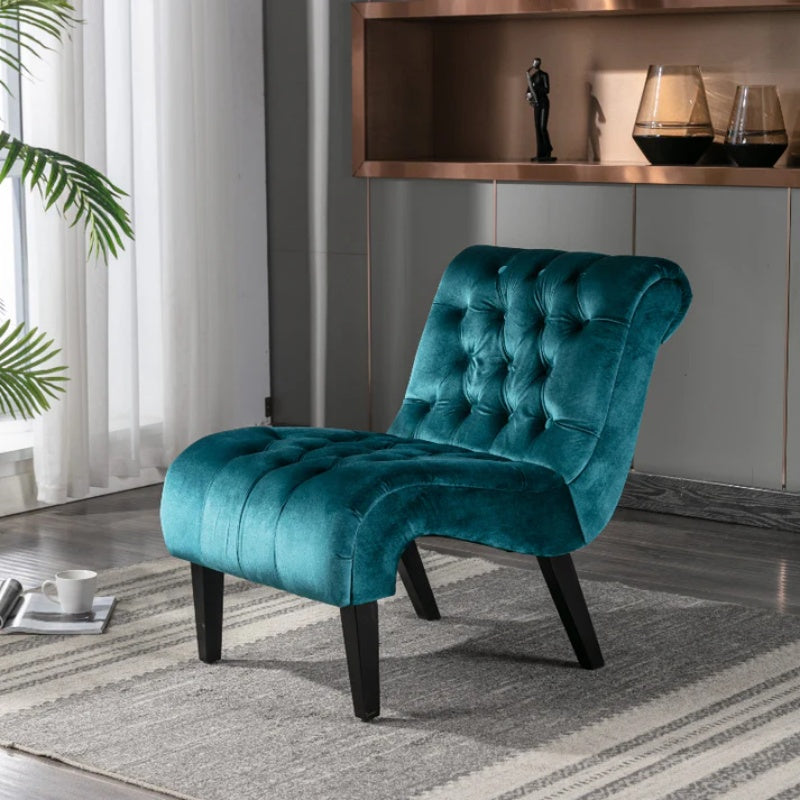 COOLMORE Modern Velvet Armless Accent Living Room Chair / Leisure Chair,Upholstered Fabric Button Comfortable Chair with Wooden Legs for Bedroom, Living Room, Office (Teal Velvet)-海智集-Default-