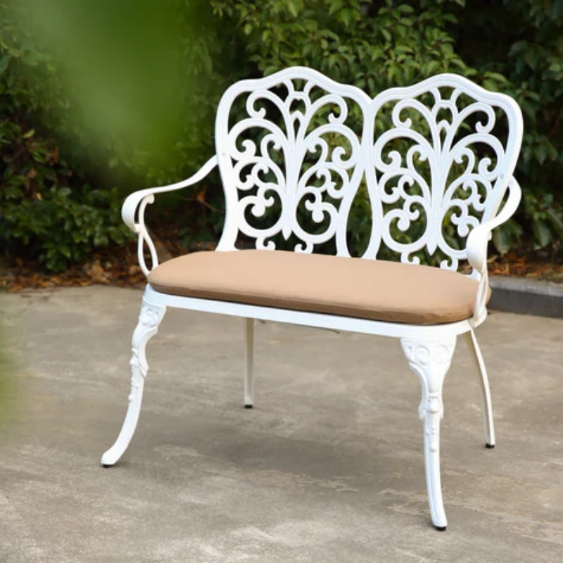 Patio Garden Bench Metal Park Bench Cast Aluminum Outdoor Furniture with Floral Rose for Patio,Park,Lawn,Yard with cushion white-海智集-Default-