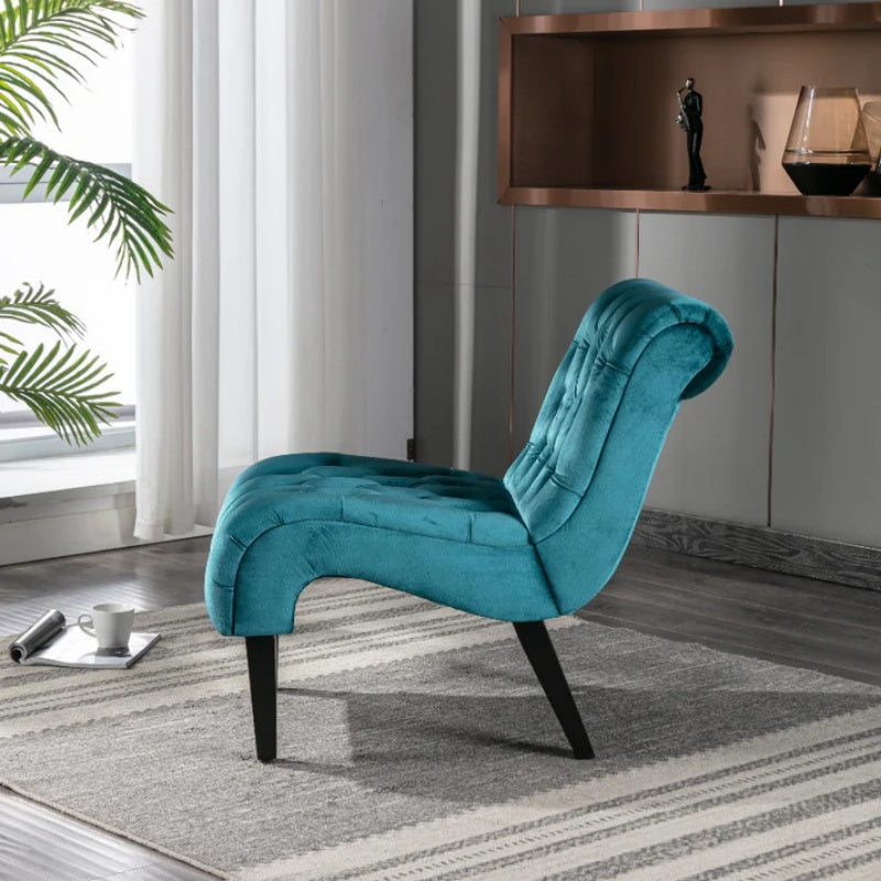 COOLMORE Modern Velvet Armless Accent Living Room Chair / Leisure Chair,Upholstered Fabric Button Comfortable Chair with Wooden Legs for Bedroom, Living Room, Office (Teal Velvet)-海智集-Default-