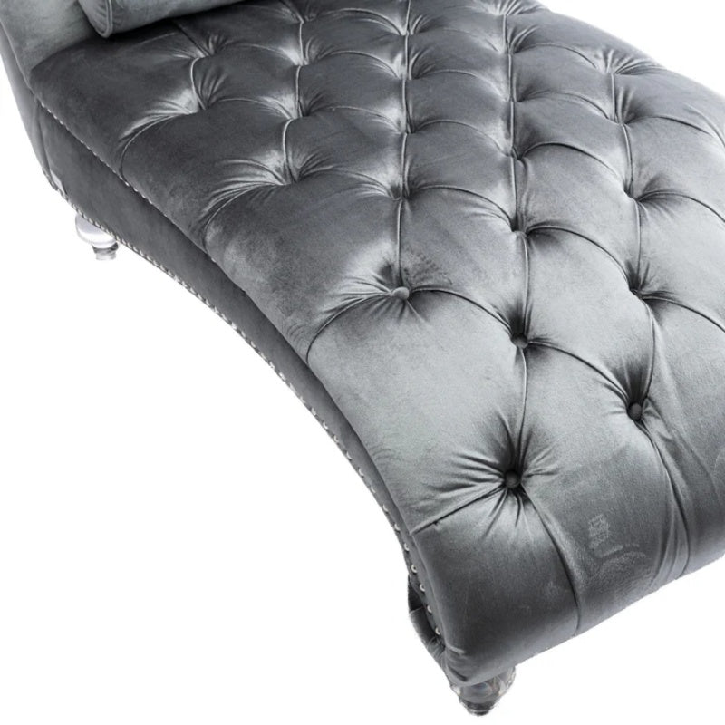 Velvet Chaise Lounge Indoor, Button-Tufted Upholstered Chaise Lounge Chair with Pillow, Silver Velvet, 63.98 Inches-海智集-Default-