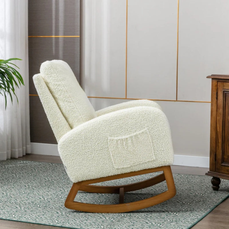 COOLMORE Rocking Chair, Modern Glider Chair, Recliner Armchair with Wood Legs and Side Pocket, Nursery Rocking Accent Chair with High Back for Living Room Bedroom (White Teddy)-海智集-Default-