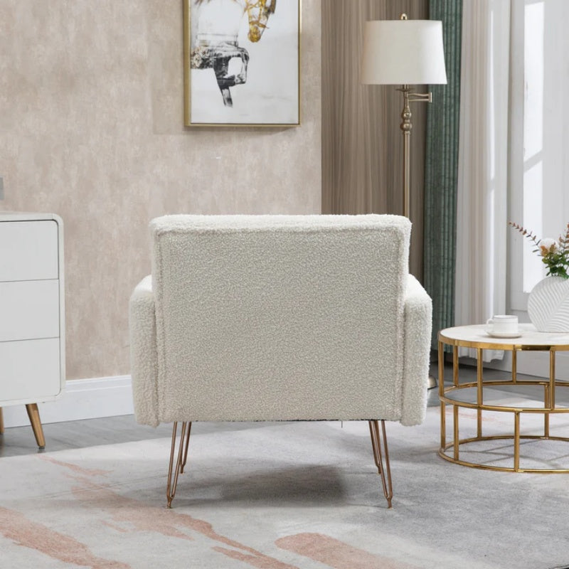 COOLMORE Armchair Single Sofa Modern Tufted Upholstered Side Reading Chairs with Arm and Gold Metal Leg for Living Room Bedroom (White teddy )-海智集-Default-