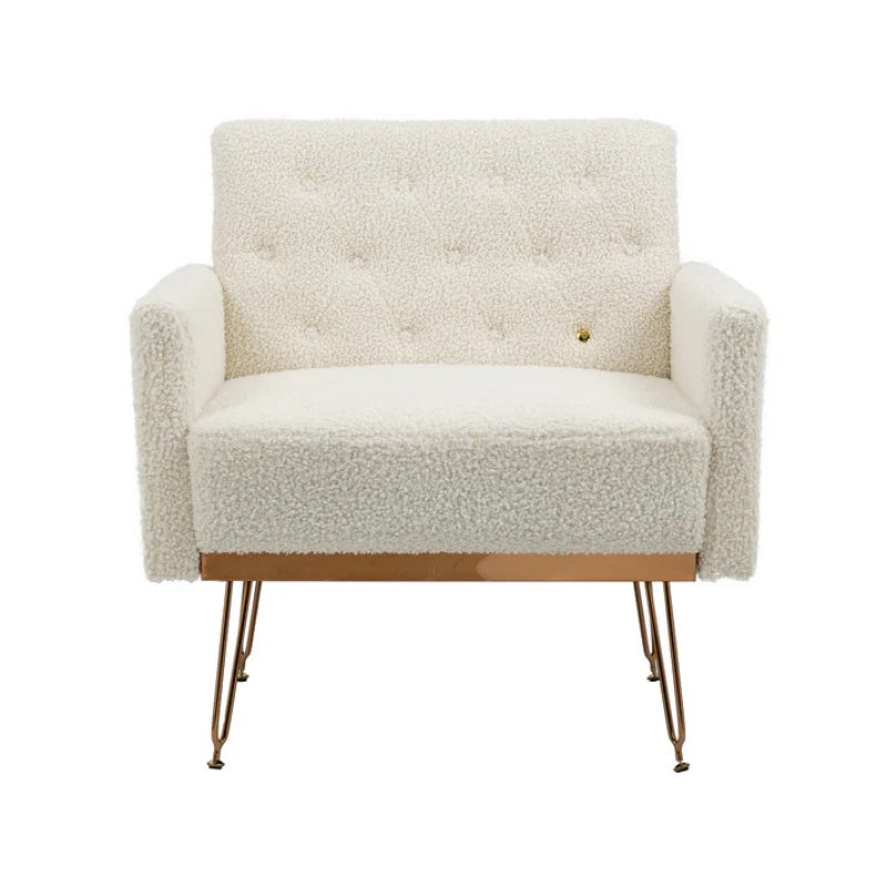 COOLMORE Armchair Single Sofa Modern Tufted Upholstered Side Reading Chairs with Arm and Gold Metal Leg for Living Room Bedroom (White teddy )-海智集-Default-