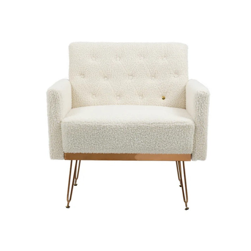 COOLMORE Armchair Single Sofa Modern Tufted Upholstered Side Reading Chairs with Arm and Gold Metal Leg for Living Room Bedroom (White teddy )-海智集-Default-
