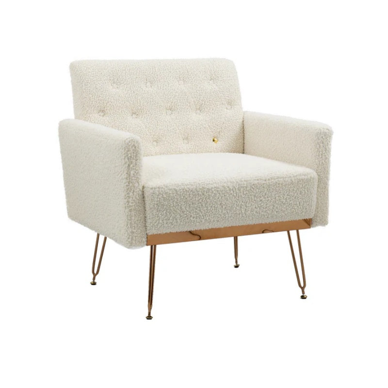 COOLMORE Armchair Single Sofa Modern Tufted Upholstered Side Reading Chairs with Arm and Gold Metal Leg for Living Room Bedroom (White teddy )-海智集-Default-