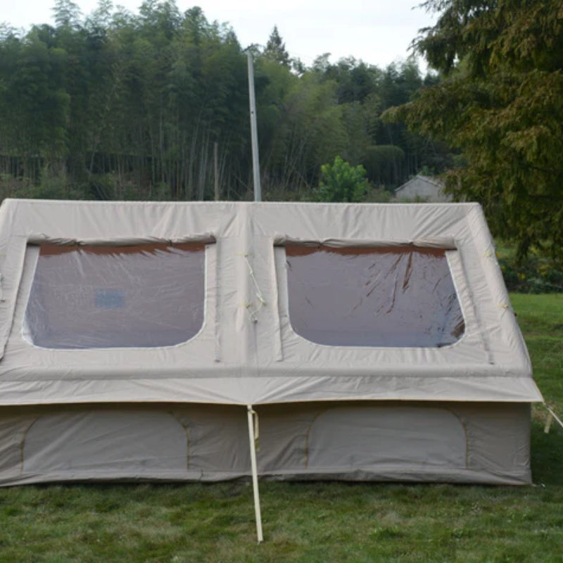 9.8 x13ft Inflatable Camping Tents with Hand Pump, Air Glamping Tents, Easy Setup Waterproof and Windproof Blow up Tent, 4 Seasons Oxford Cabin Tent with Mesh & Chimney Window. Beige-海智集-Default-