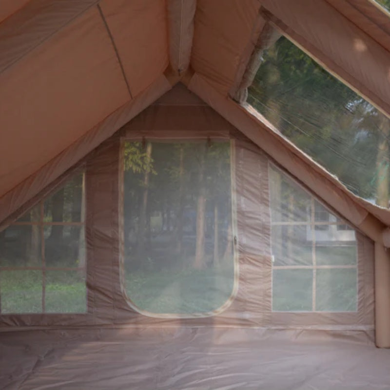 9.8 x13ft Inflatable Camping Tents with Hand Pump, Air Glamping Tents, Easy Setup Waterproof and Windproof Blow up Tent, 4 Seasons Oxford Cabin Tent with Mesh & Chimney Window. Beige-海智集-Default-