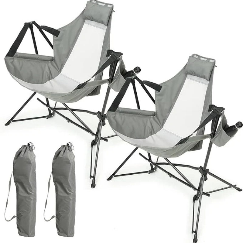 Hammock Camping Chair, Folding Portable Rocking Chair, Aluminum Alloy Adjustable Back Swinging Chair with Pillow Cup Holder, Recliner with Carry Bag for Outdoor Travel Lawn Backyard, Grey (2pcs)-海智集-Default-