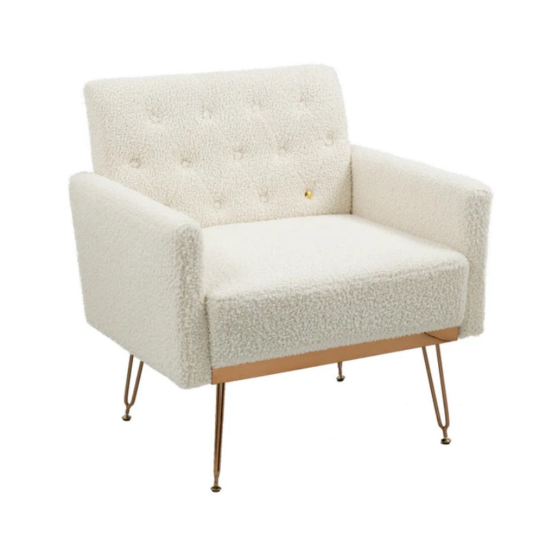 COOLMORE Armchair Single Sofa Modern Tufted Upholstered Side Reading Chairs with Arm and Gold Metal Leg for Living Room Bedroom (White teddy )-海智集-Default-