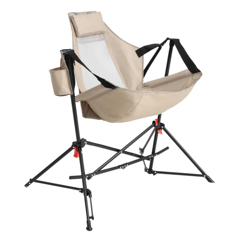 Hammock Camping Chair, Folding Portable Rocking Chair, Aluminum Alloy Adjustable Back Swinging Chair with Pillow Cup Holder, Recliner with Carry Bag for Outdoor Travel Lawn Backyard, Khaki (2pcs)-海智集-Default-