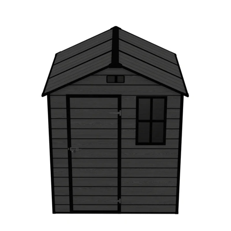 Campcraft 6*6ft resin storage shed, high quality pp material, strong structure, waterproof, rust and UV proof, large storage space, 12mm thick pp board, HD window lighting Black wood grain color-海智集-Default-