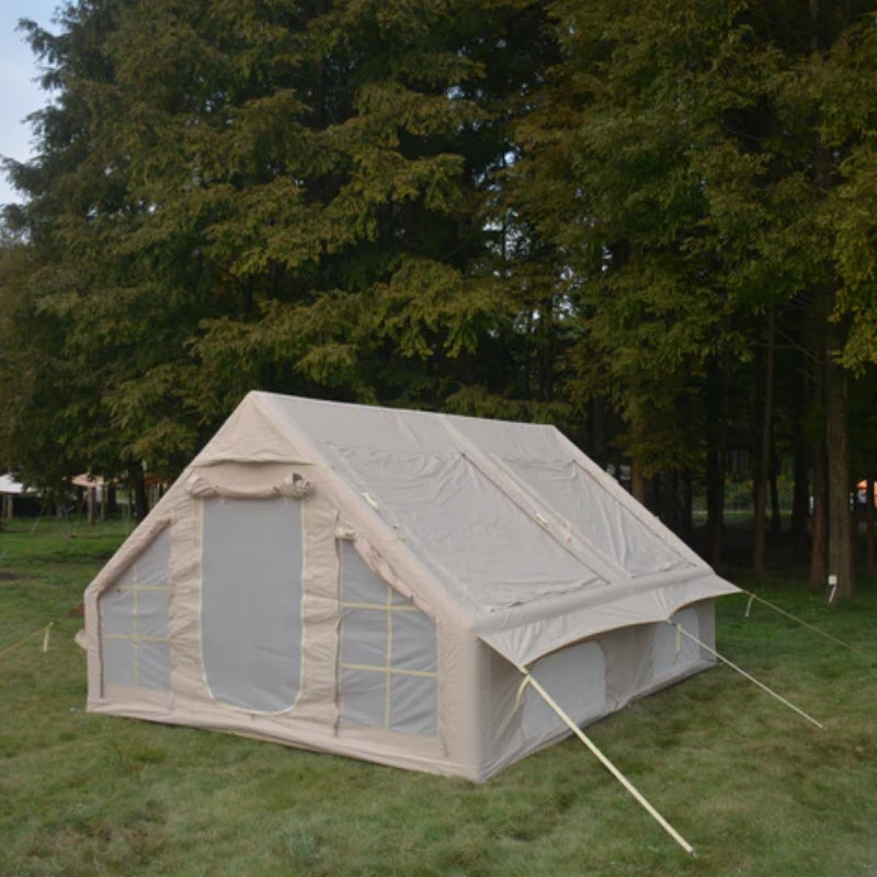 9.8 x13ft Inflatable Camping Tents with Hand Pump, Air Glamping Tents, Easy Setup Waterproof and Windproof Blow up Tent, 4 Seasons Oxford Cabin Tent with Mesh & Chimney Window. Beige-海智集-Default-