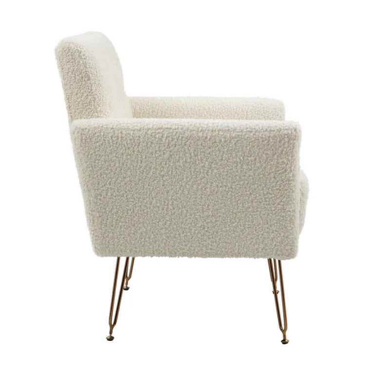 COOLMORE Armchair Single Sofa Modern Tufted Upholstered Side Reading Chairs with Arm and Gold Metal Leg for Living Room Bedroom (White teddy )-海智集-Default-