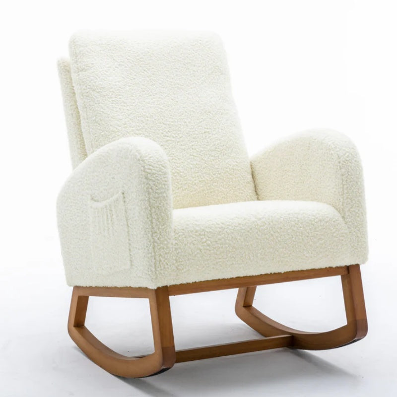COOLMORE Rocking Chair, Modern Glider Chair, Recliner Armchair with Wood Legs and Side Pocket, Nursery Rocking Accent Chair with High Back for Living Room Bedroom (White Teddy)-海智集-Default-