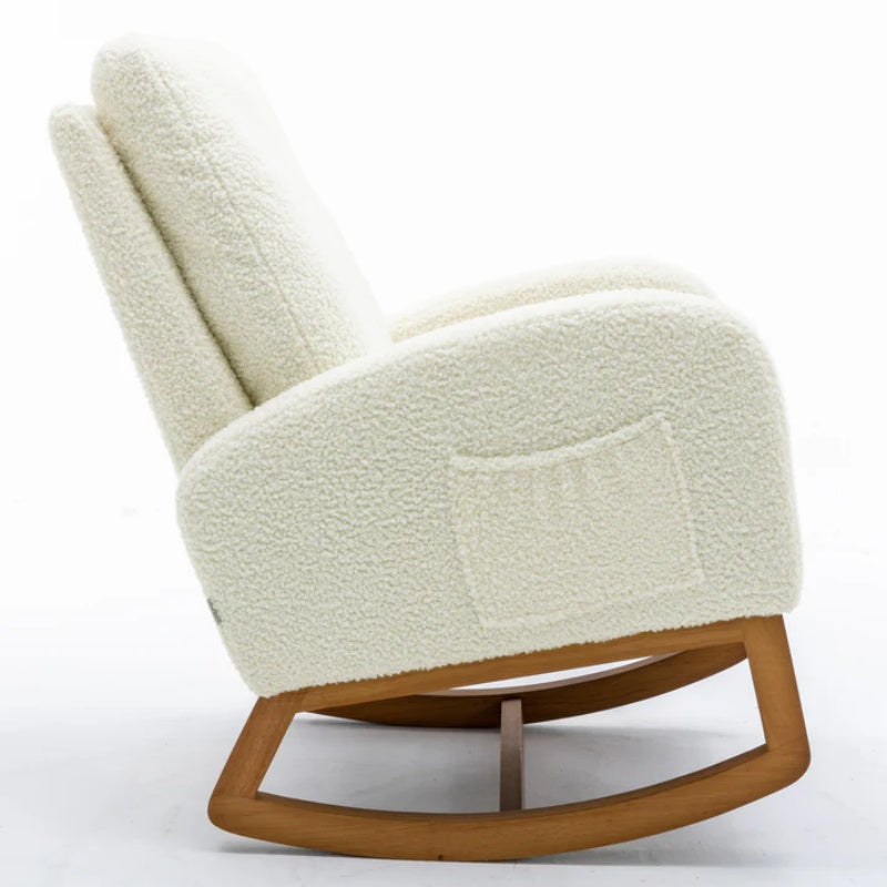 COOLMORE Rocking Chair, Modern Glider Chair, Recliner Armchair with Wood Legs and Side Pocket, Nursery Rocking Accent Chair with High Back for Living Room Bedroom (White Teddy)-海智集-Default-