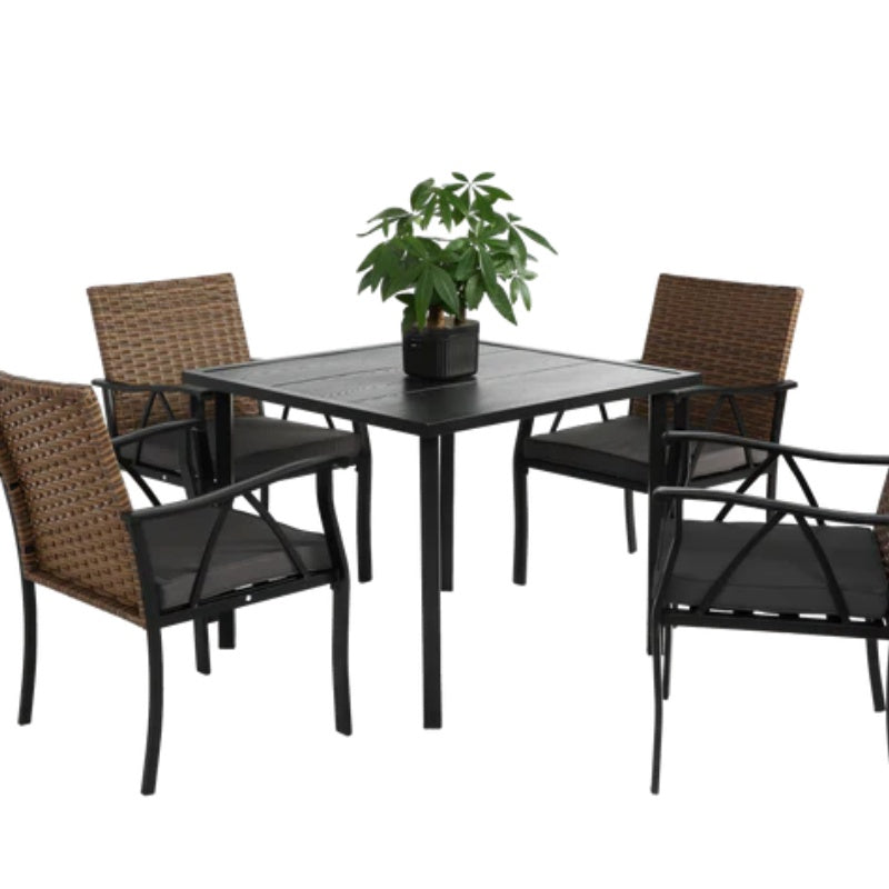 5-Piece Wicker Outdoor Table and Chairs, Patio Dining Set w/Square steel Tabletop and Umbrella Hole, Patio Table and Chairs Set for Backyard Deck Balcony Front Porch-海智集-Default-