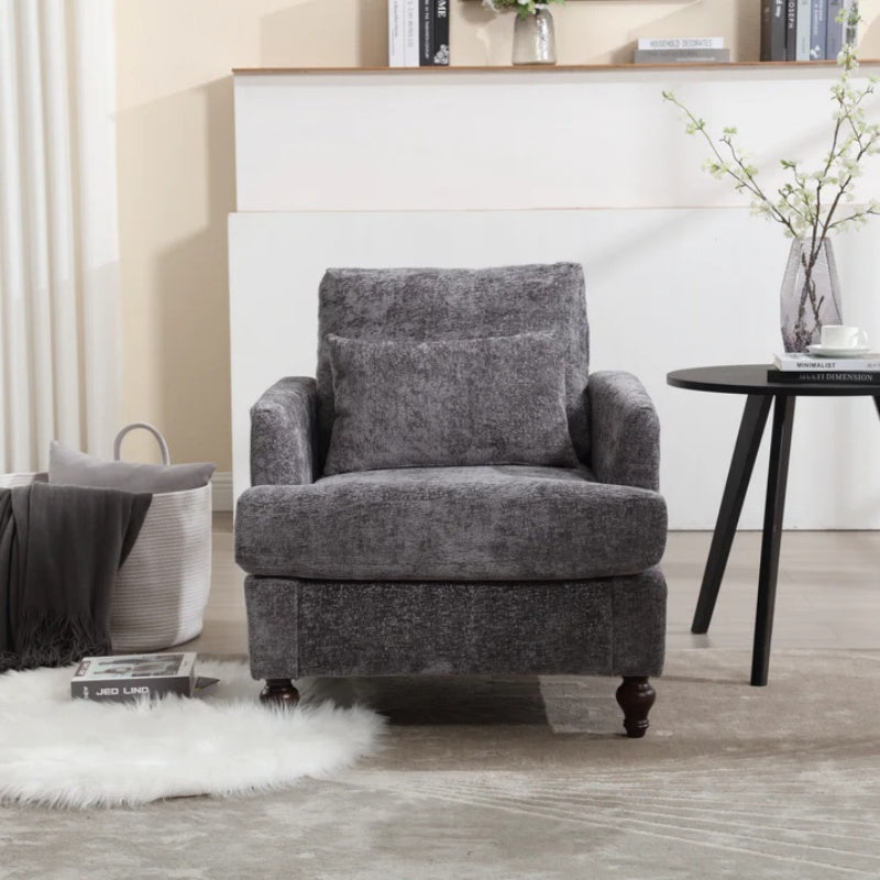 Wood Frame Armchair, Modern Accent Chair Lounge Chair for Living Room,Tufted Club Chair, Mid Century Modern Arm Chairs with Studded, Solid Wood Frame, for Bedroom, Reading (Gray Chenille)-海智集-Default-