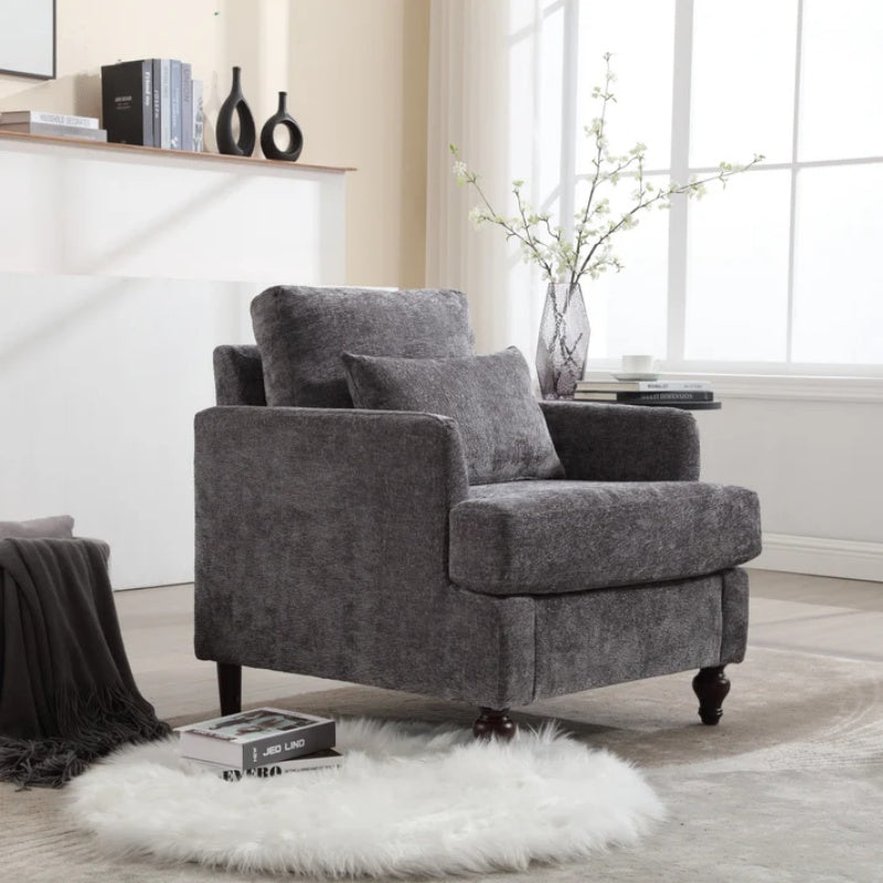 Wood Frame Armchair, Modern Accent Chair Lounge Chair for Living Room,Tufted Club Chair, Mid Century Modern Arm Chairs with Studded, Solid Wood Frame, for Bedroom, Reading (Gray Chenille)-海智集-Default-