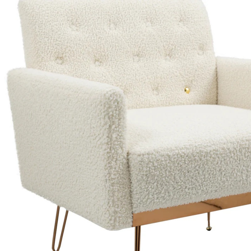 COOLMORE Armchair Single Sofa Modern Tufted Upholstered Side Reading Chairs with Arm and Gold Metal Leg for Living Room Bedroom (White teddy )-海智集-Default-
