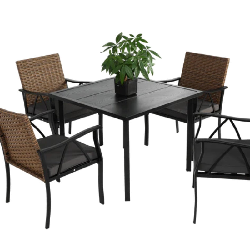 5-Piece Wicker Outdoor Table and Chairs, Patio Dining Set w/Square steel Tabletop and Umbrella Hole, Patio Table and Chairs Set for Backyard Deck Balcony Front Porch-海智集-Default-