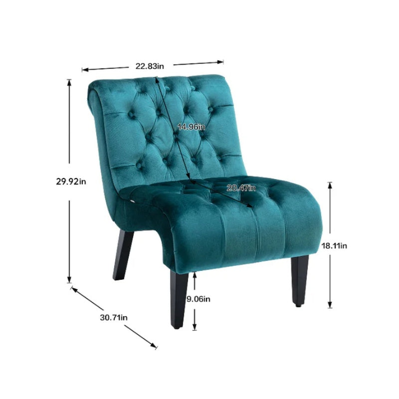 COOLMORE Modern Velvet Armless Accent Living Room Chair / Leisure Chair,Upholstered Fabric Button Comfortable Chair with Wooden Legs for Bedroom, Living Room, Office (Teal Velvet)-海智集-Default-