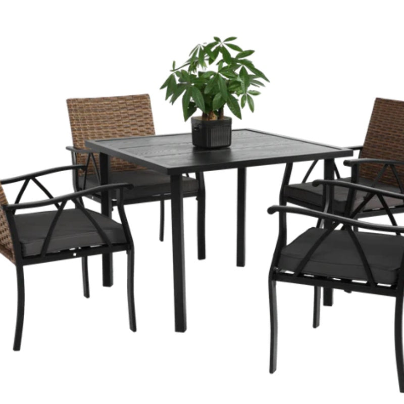 5-Piece Wicker Outdoor Table and Chairs, Patio Dining Set w/Square steel Tabletop and Umbrella Hole, Patio Table and Chairs Set for Backyard Deck Balcony Front Porch-海智集-Default-