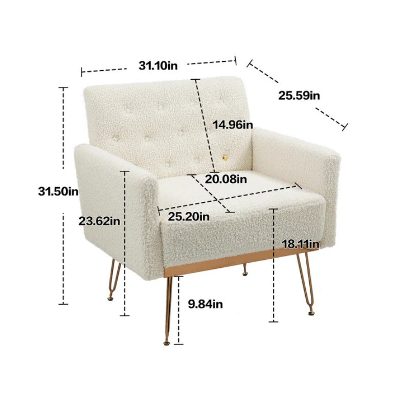 COOLMORE Armchair Single Sofa Modern Tufted Upholstered Side Reading Chairs with Arm and Gold Metal Leg for Living Room Bedroom (White teddy )-海智集-Default-
