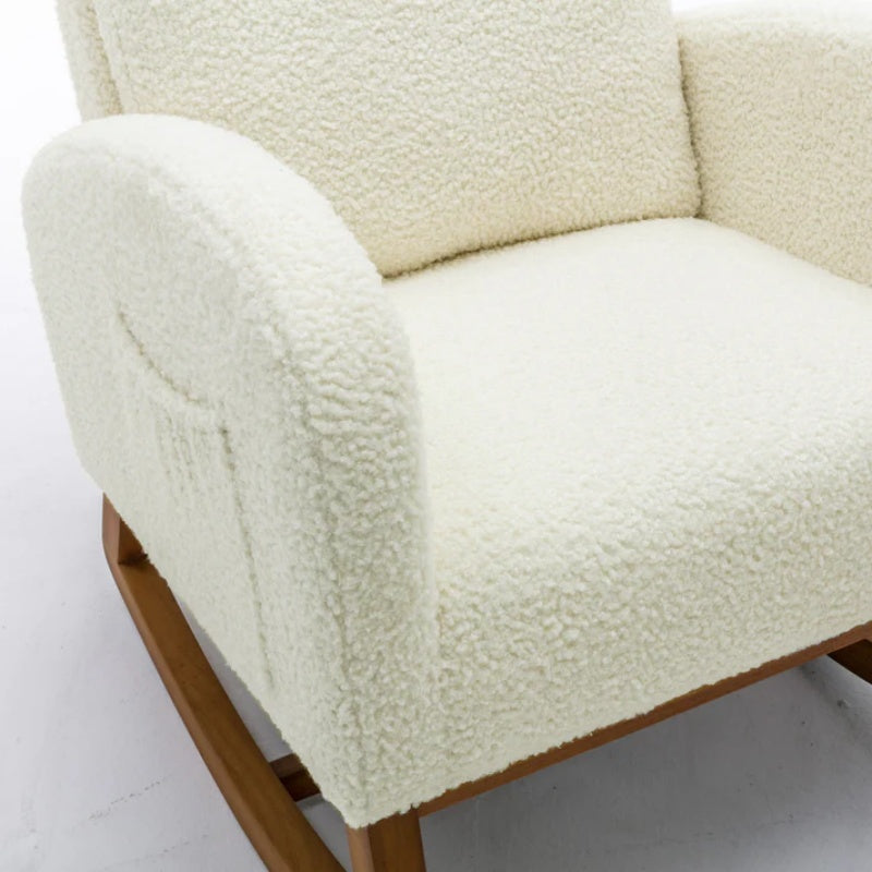 COOLMORE Rocking Chair, Modern Glider Chair, Recliner Armchair with Wood Legs and Side Pocket, Nursery Rocking Accent Chair with High Back for Living Room Bedroom (White Teddy)-海智集-Default-