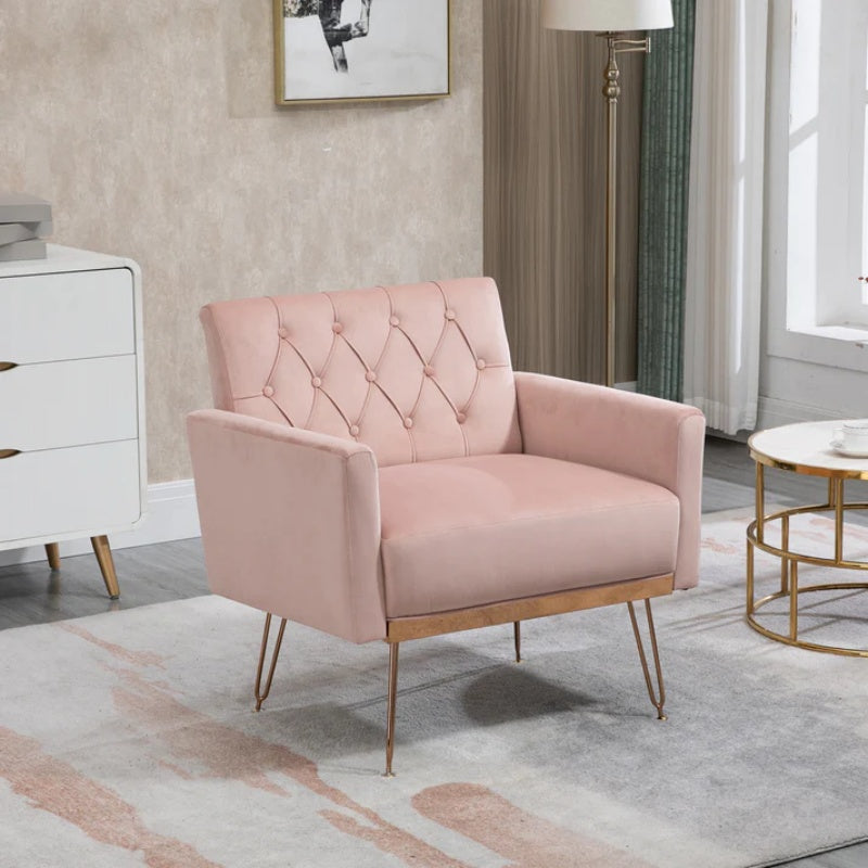 COOLMORE Velvet Armchair Single Sofa Modern Tufted Upholstered Side Reading Chairs with Arm and Gold Metal Leg for Living Room Bedroom (Pink)-海智集-Default-
