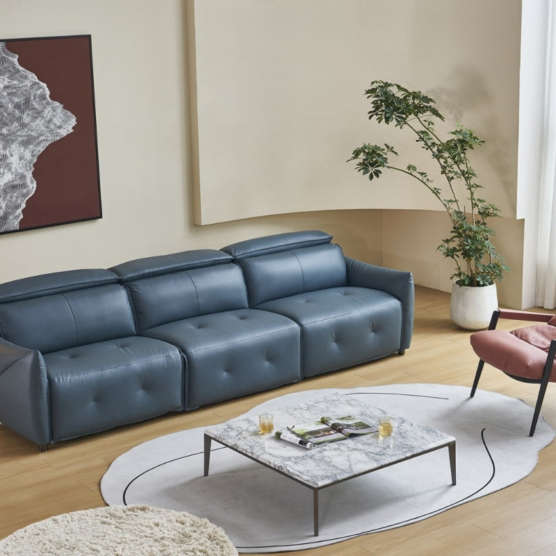 The deep blue sofa is suitable for the bedroom and living room. It is made of comfortable leather, Italian style, soft and modern-海智集-