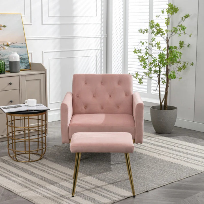 COOLMORE Velvet Accent Chair with Adjustable Armrests and Backrest, Button Tufted Lounge Chair, Single Recliner Armchair with Ottoman-海智集-Default-