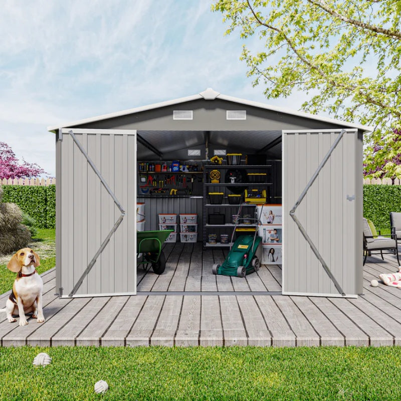 Campcraft Outdoor Storage Shed 10×14 FT with 3 Lockable Doors,Utility Tool Shed Metal Storage Garden Sheds Frame and 4 Vents,for Backyard,Patio,Lawn,Light Grey-海智集-Default-