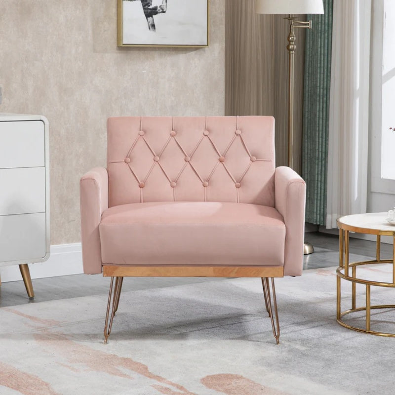 COOLMORE Velvet Armchair Single Sofa Modern Tufted Upholstered Side Reading Chairs with Arm and Gold Metal Leg for Living Room Bedroom (Pink)-海智集-Default-