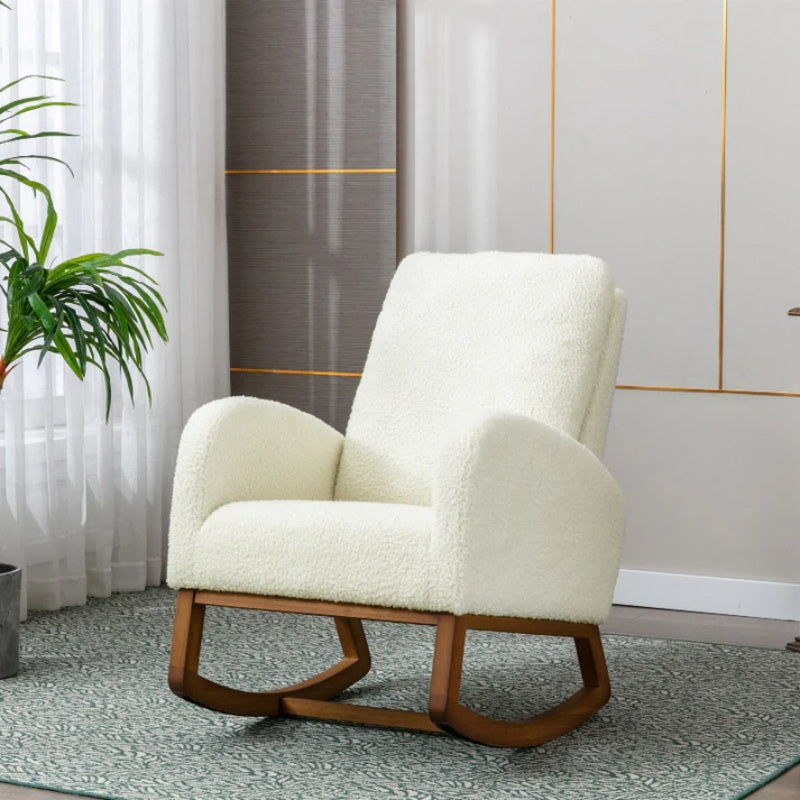 COOLMORE Rocking Chair, Modern Glider Chair, Recliner Armchair with Wood Legs and Side Pocket, Nursery Rocking Accent Chair with High Back for Living Room Bedroom (White Teddy)-海智集-Default-