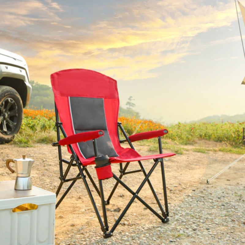 High Back Heavy Duty Lawn Chair Support 250LBS, Portable Collapsible Chair with Cup Holder -Red-海智集-Default-