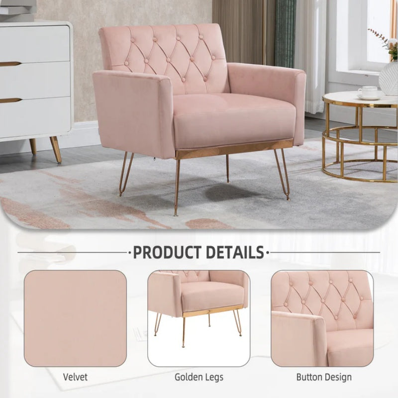 COOLMORE Velvet Armchair Single Sofa Modern Tufted Upholstered Side Reading Chairs with Arm and Gold Metal Leg for Living Room Bedroom (Pink)-海智集-Default-