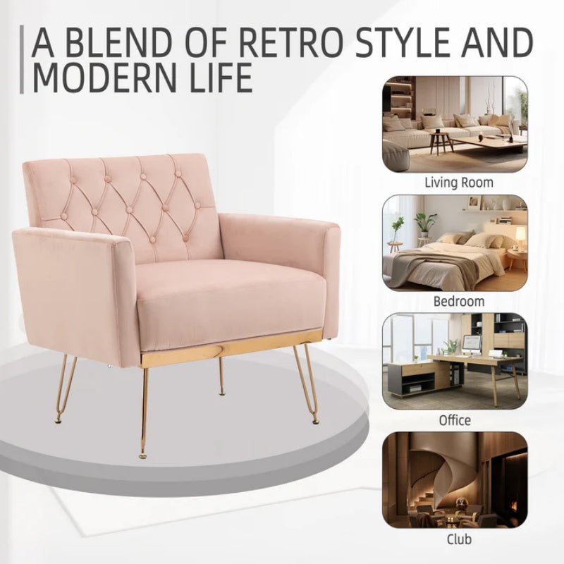 COOLMORE Velvet Armchair Single Sofa Modern Tufted Upholstered Side Reading Chairs with Arm and Gold Metal Leg for Living Room Bedroom (Pink)-海智集-Default-