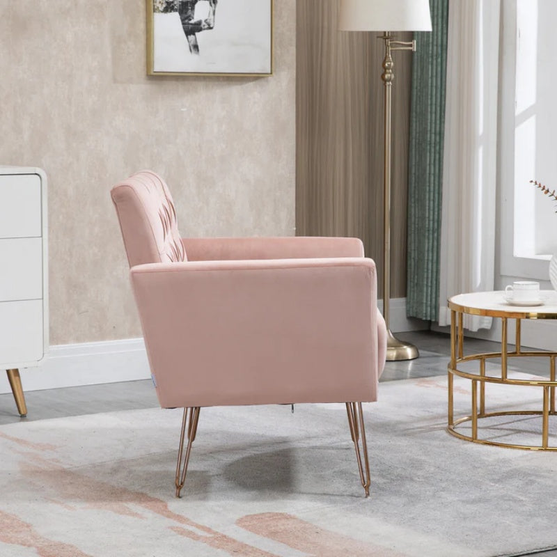 COOLMORE Velvet Armchair Single Sofa Modern Tufted Upholstered Side Reading Chairs with Arm and Gold Metal Leg for Living Room Bedroom (Pink)-海智集-Default-